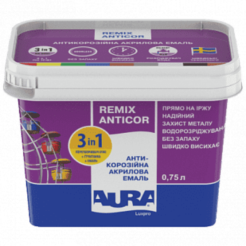 Антикорозійна акрилова емаль 3в1 AURA Anticor 0,75л RAL 1018 жовтий