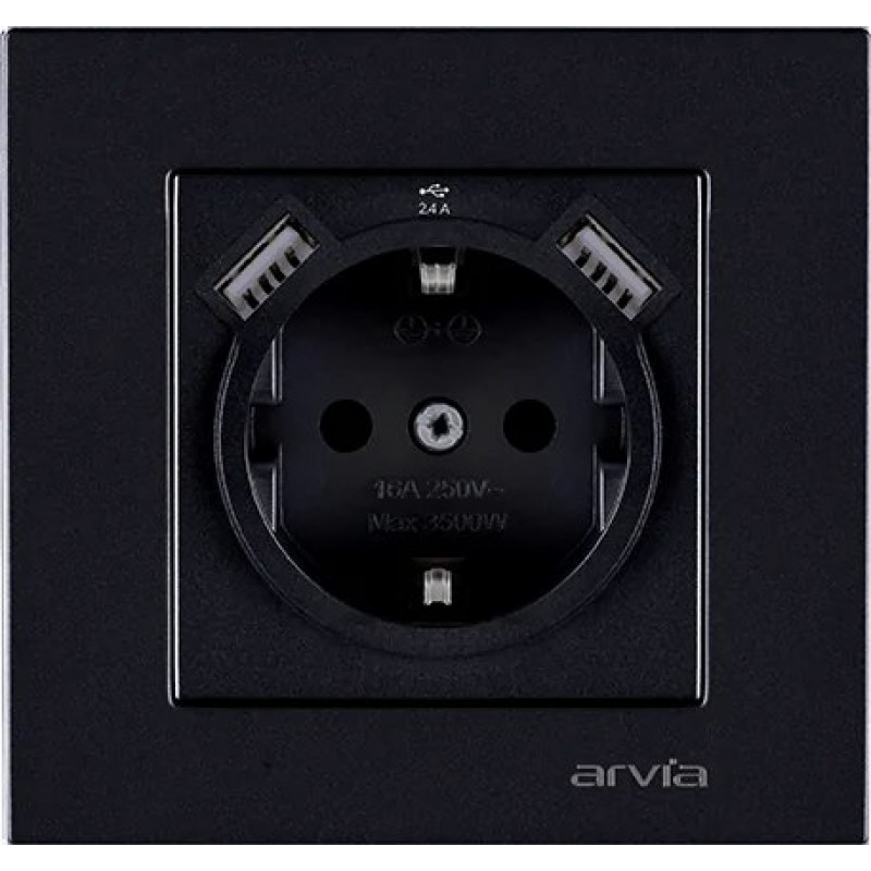 Розетка с заземлением USB-A + USB-A ARVIA Karen чёрный (20 07 2000 300)