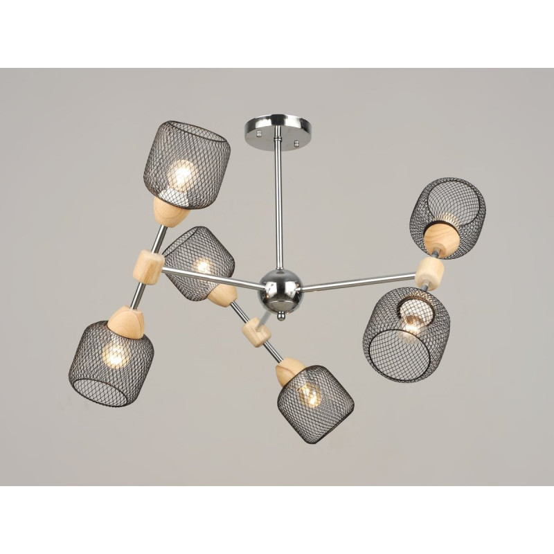 Люстра стельова на 6 плафонів VALESO K2347/6, патрон E27, підвісна, Хром+Дерево K2347/6