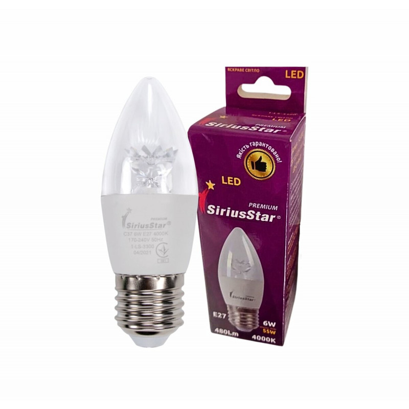 Світлодіодна лампа SIRIUSSTAR 3300 СA37 crystal 6W-4000K-E27