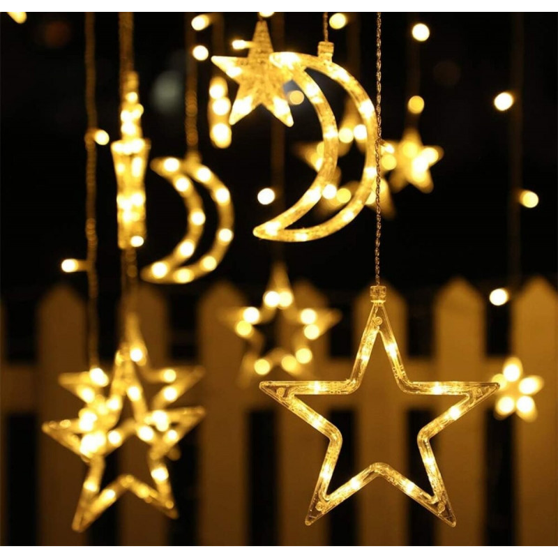 Гірлянда штора LED новорічна VALESO зірки/місяць 12 підвісок 3м×0,6м тепле світло LKS3436