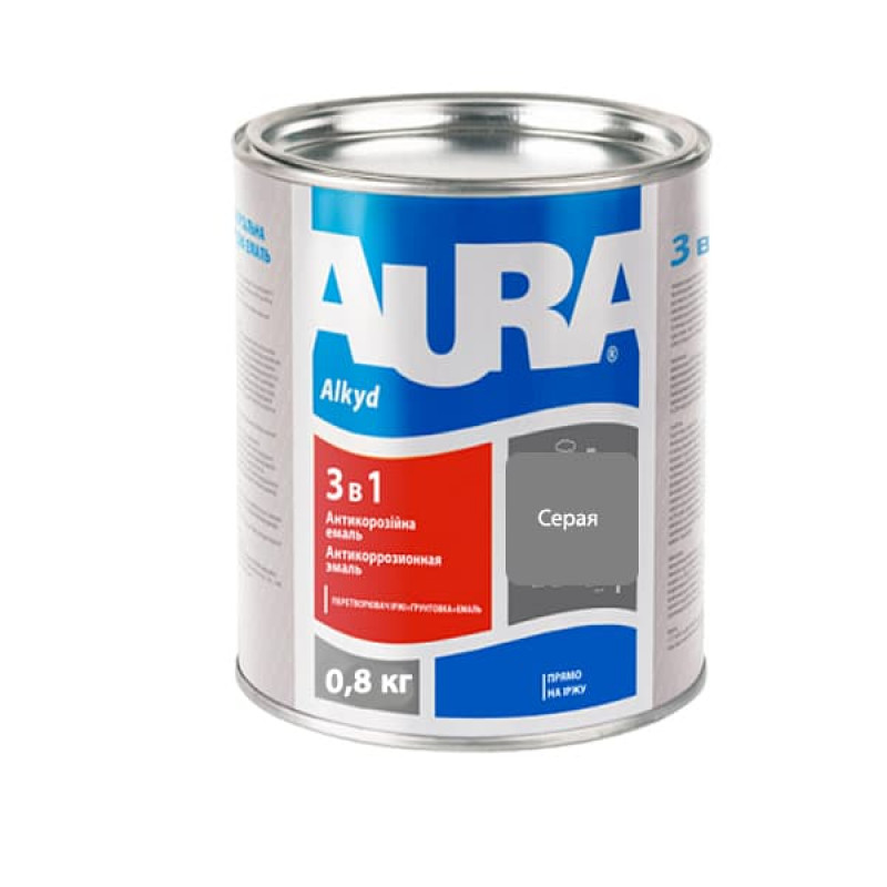 Антикоррозионная грунт-эмаль AURA 3в1 серая 0.8 кг