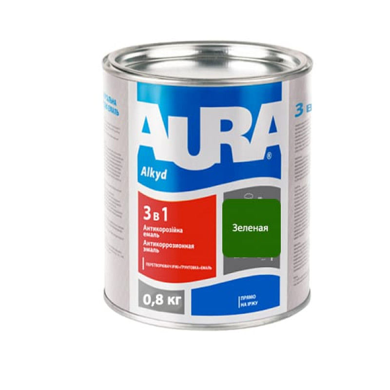 Антикоррозионная грунт-эмаль AURA 3в1 зеленая 0.8 кг