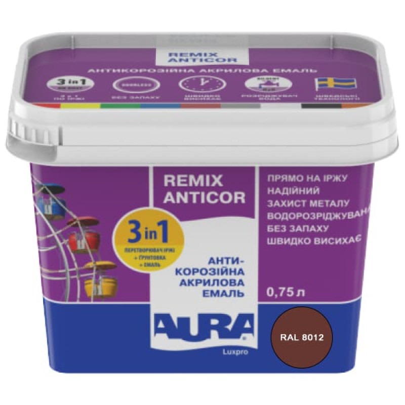 Антикорозийная акриловая эмаль Aura Luxpro Remix Anticor RAL 8012 красно-коричневая 0,75л