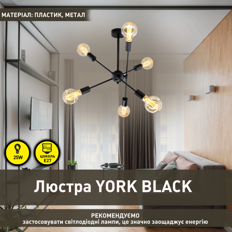 Люстра на 6 ламп  ESLLSE YORK 6xE27 R 510x380мм Черная