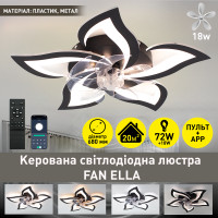 Управляемая светодиодная люстра с вентилятором FAN ELLA 72W+18W 5F 680×120мм Черная