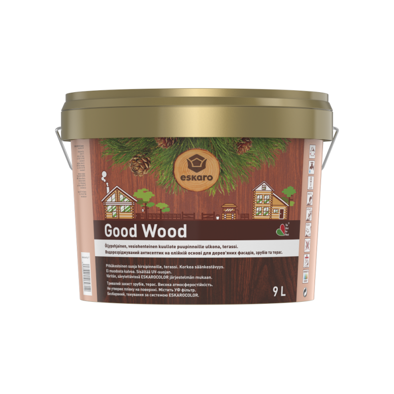Антисептик Eskaro Good Wood на олійній основі для зрубів, рублених дерев'яних фасадів 9 л Антисептик Eskaro Good Wood на олійній основі для зрубів, рублених дерев'яних фасадів 9 л