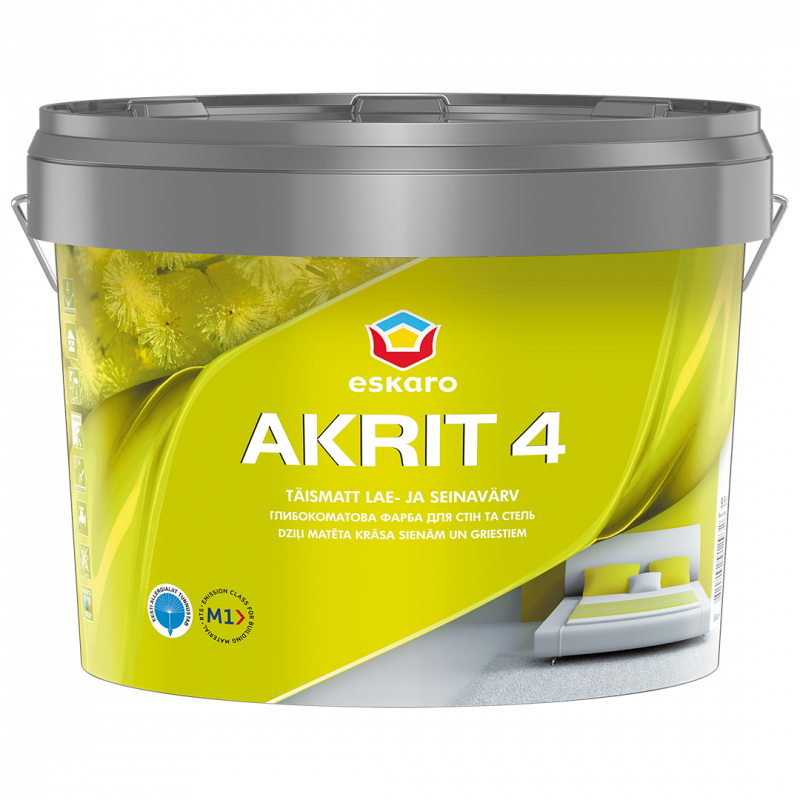 Краска акрилатная Eskaro Akrit 4 для потолков и стен глубокоматовая белая 2,85 л Краска акрилатная Eskaro Akrit 4 для потолков и стен глубокоматовая белая 2,85 л