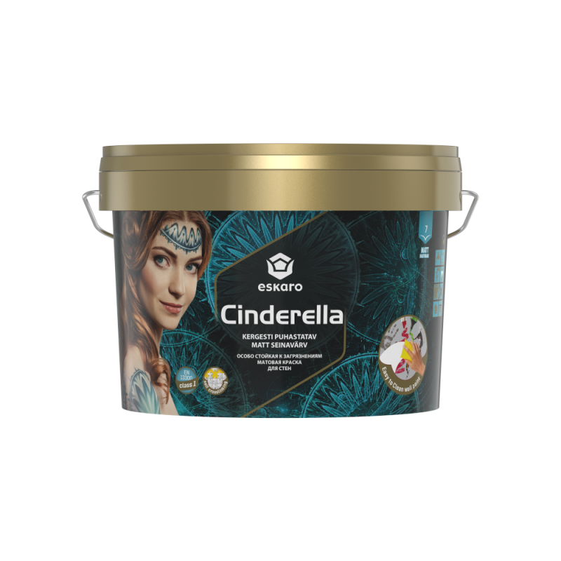 Краска акриловая Eskaro Cinderella для потолков и стен особенно крепкая белая матовая. 2.7 л
