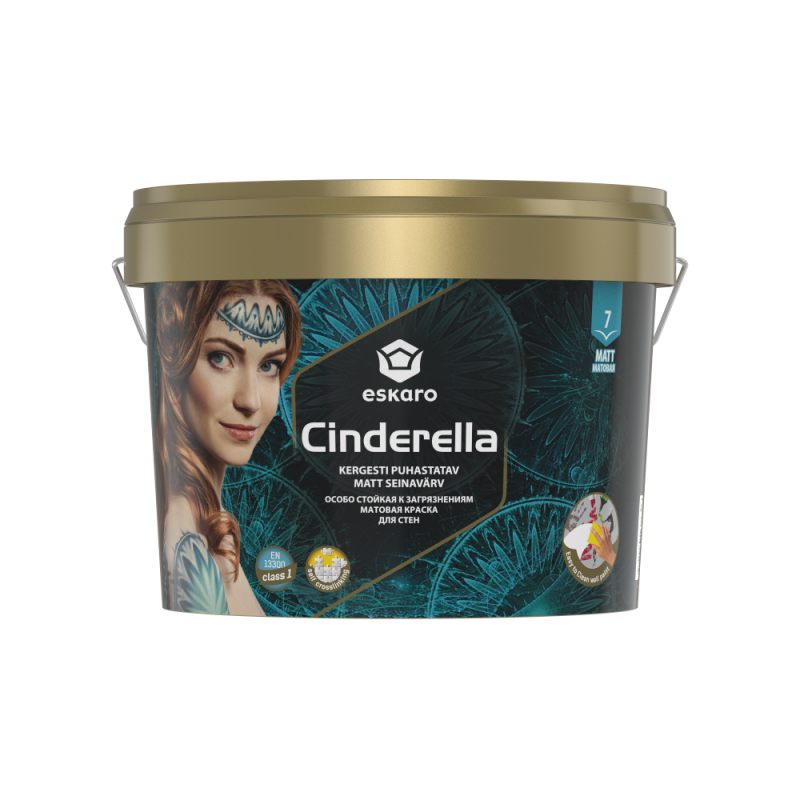 Краска акриловая Eskaro Cinderella для потолков и стен особенно крепкая белая матовая. 9 л