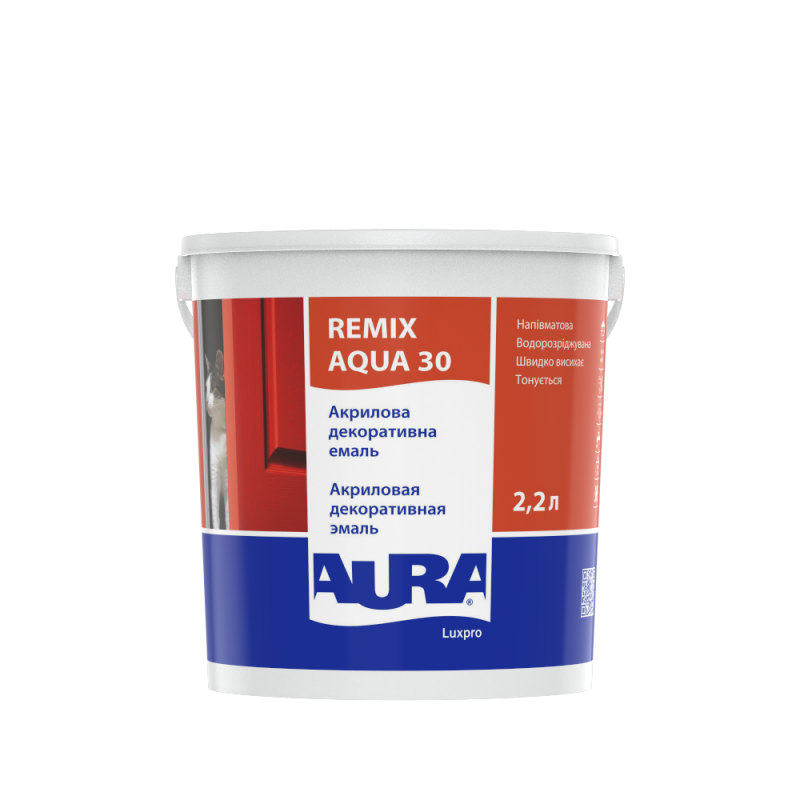 Акрилова емаль Aura Luxpro Remix Aqua 30 напівматова без запаху біла TR (прозора) 2,2 л Акрилова емаль Aura Luxpro Remix Aqua 30 напівматова без запаху біла TR (прозора) 2,2 л