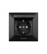 Розетка 1-местная с заземлением, шторками и крышкой Panasonic Arkedia Slim чёрная WNTC02102BL-UA1