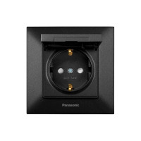 Розетка 1-местная с заземлением, шторками и крышкой Panasonic Arkedia Slim чёрная WNTC02102BL-UA1