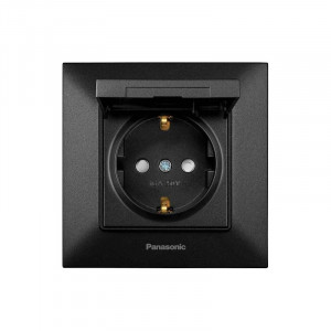 Розетка 1-на з заземленням, шторками та кришкою Panasonic Arkedia Slim чорна WNTC02102BL-UA1