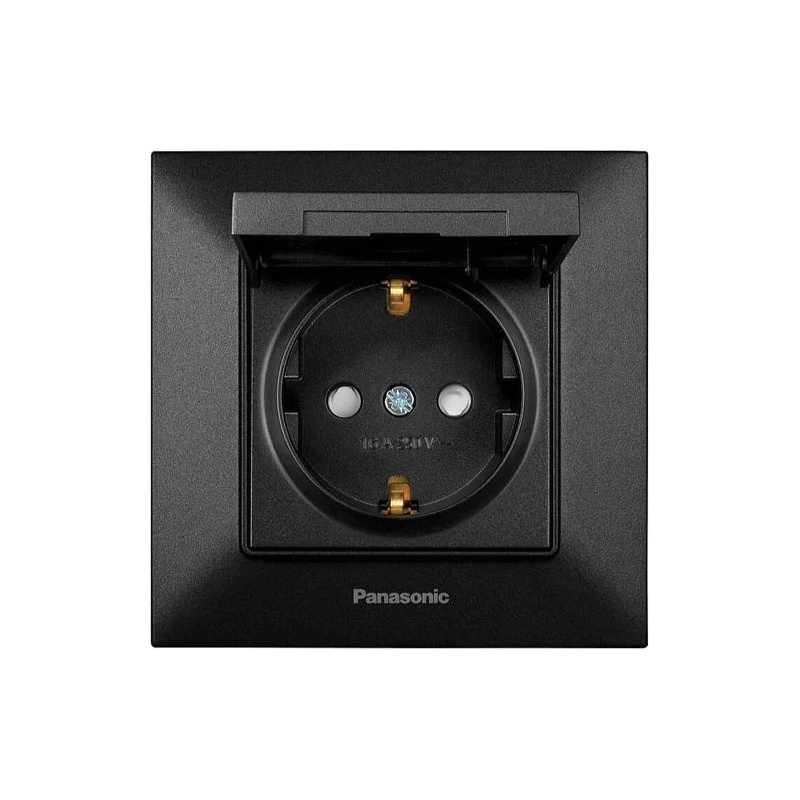 Розетка 1-местная с заземлением, шторками и крышкой Panasonic Arkedia Slim чёрный WNTC02102BL-UA1