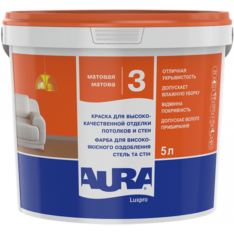 Краска акрилатная AURA Luxpro 3 для стен и потолков белая матовая 5 л