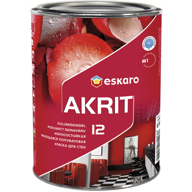 Краска акрилатная Eskaro Akrit 12 для потолков и стен износостойкая полуматовая белая 0.95 л