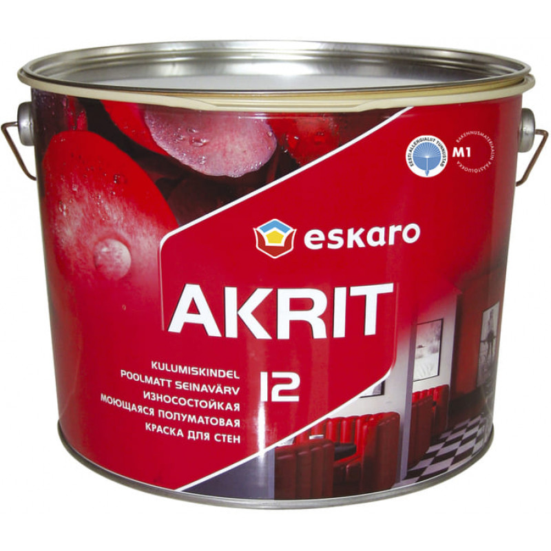 Краска акрилатная Eskaro Akrit 12 для потолков и стен износостойкая полуматовая белая 9.5 л