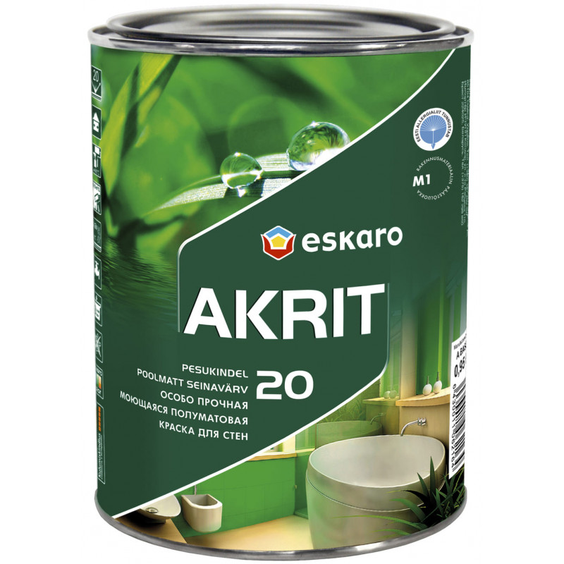 Краска акрилатная Eskaro Akrit 20 для стен и потолков моющаяся полуматовая белая 0.95 л