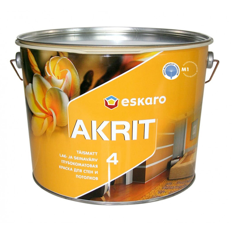 Краска акрилатная Eskaro Akrit 4 для потолков и стен глубокоматовая белая 9.5 л