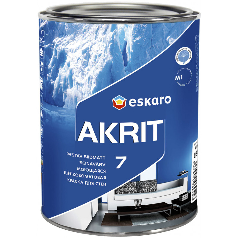 Фарба акрилатна Eskaro Akrit 7 для стель та стін шовковисто-матова біла TR 0.9 л 
