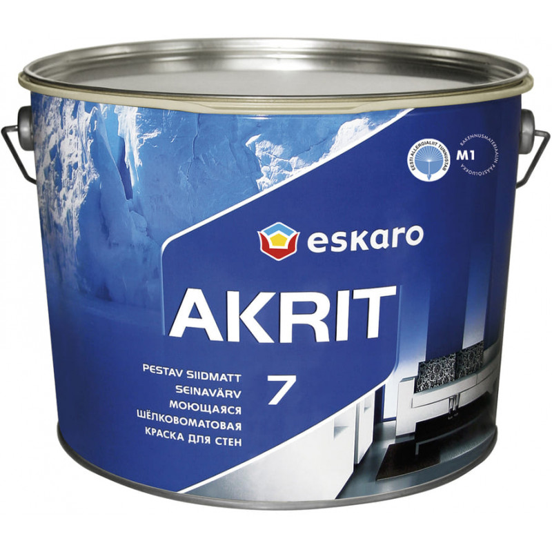 Краска акрилатная Eskaro Akrit 7 для потолков и стен шелковисто-матовая белая TR 9 л 