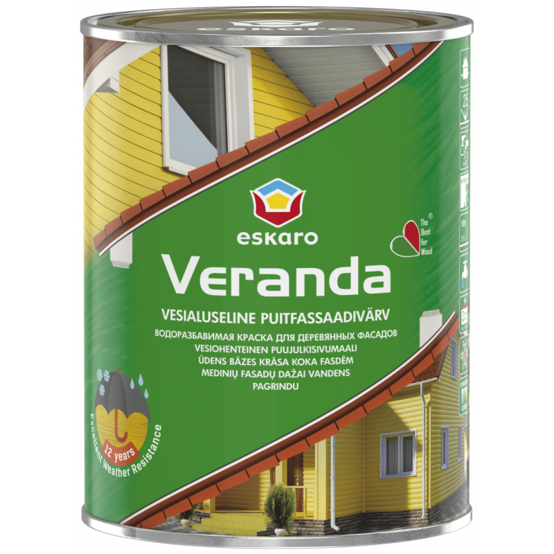 Водорозріджувана масляна фарба Eskaro Veranda для фарбування зовнішніх дерев'яних поверхонь біла TR 0.9 л 
