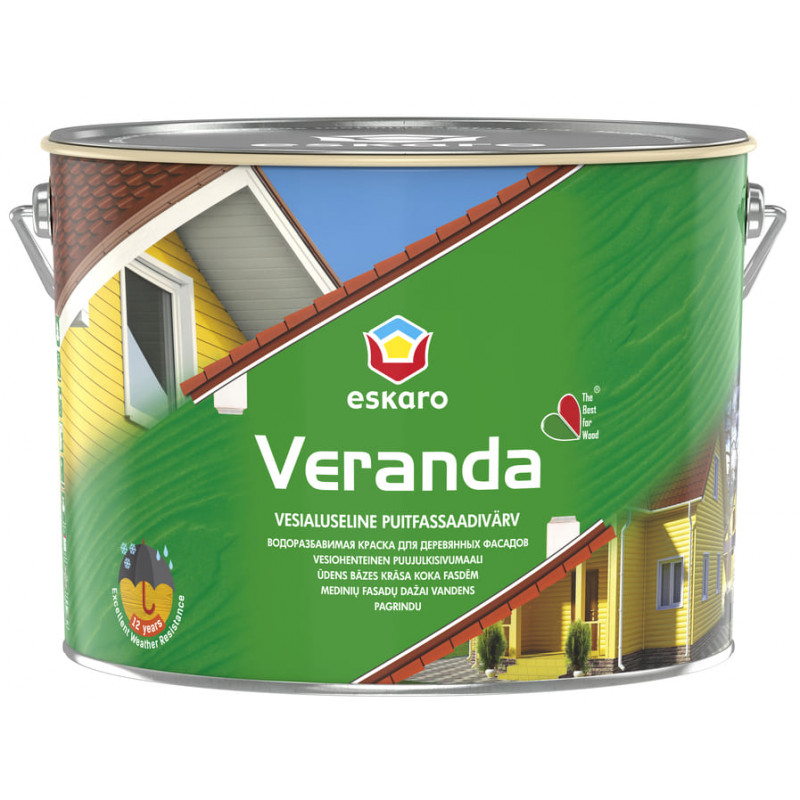 Водорозріджувана масляна фарба Eskaro Veranda для фарбування зовнішніх дерев'яних поверхонь біла 9.5 л