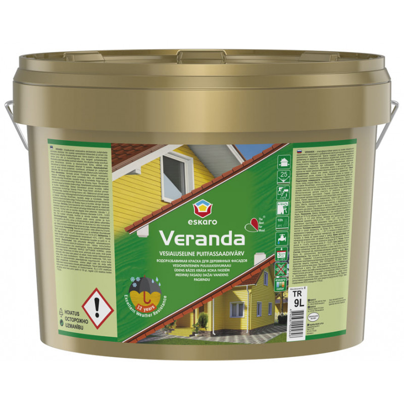 Водорозріджувана масляна фарба Eskaro Veranda для фарбування зовнішніх дерев'яних поверхонь біла TR 9 л 