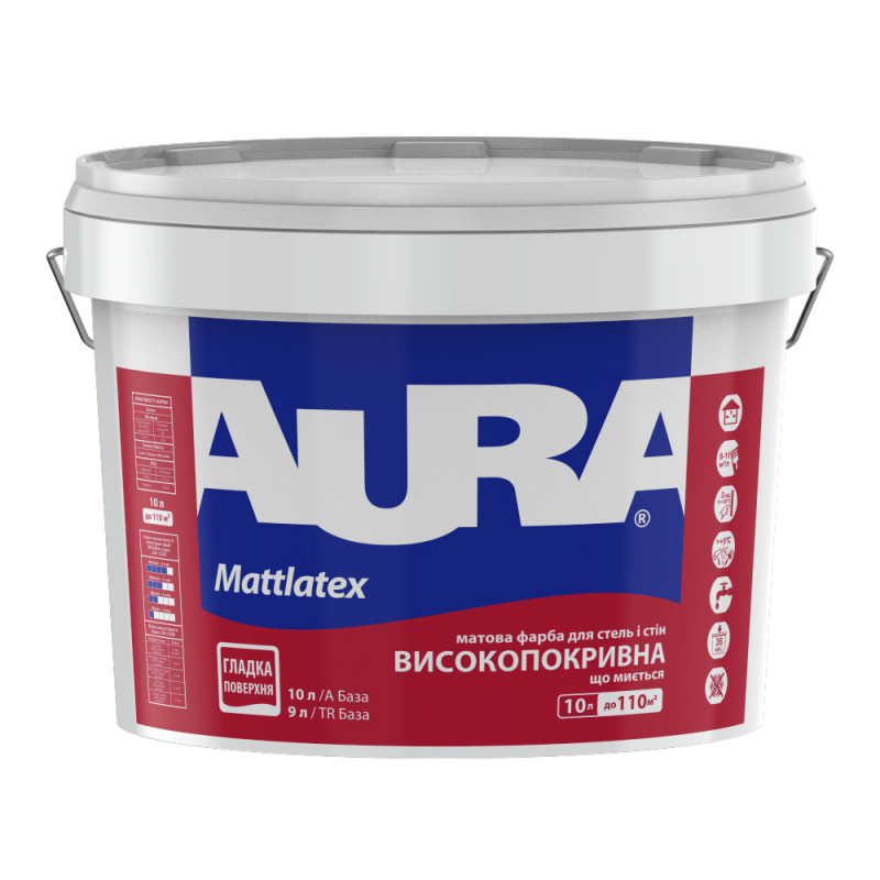 Краска AURA Mattlatex для потолков и стен моющаяся латексная матовая белая 10 л