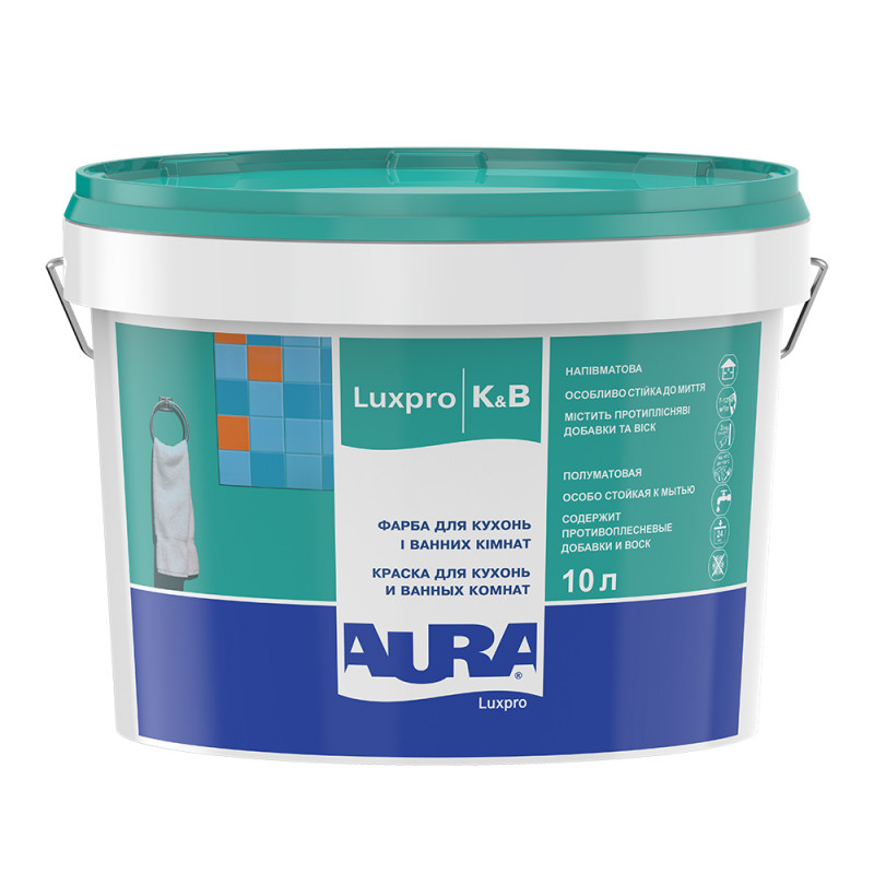 Акрилатная краска Aura® LuxPro K&B для кухонь и ванных комнат полуматовая белая 10 л