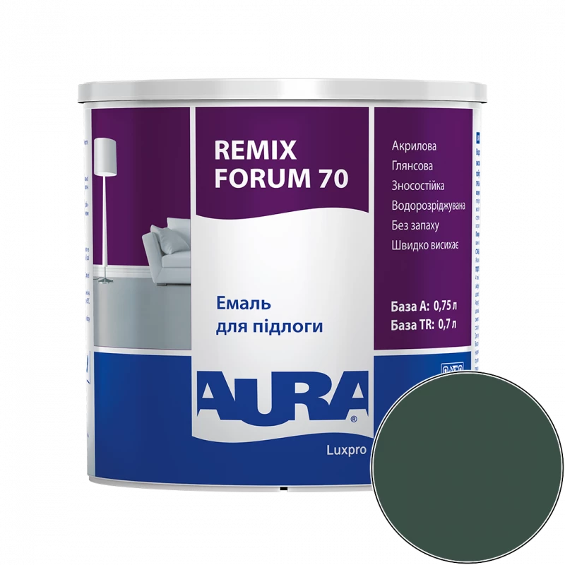 Эмаль акриловая для пола Aura Luxpro Remix Forum 70 RAL 6005 (мохово-зелёный) глянцевая 0.7 л