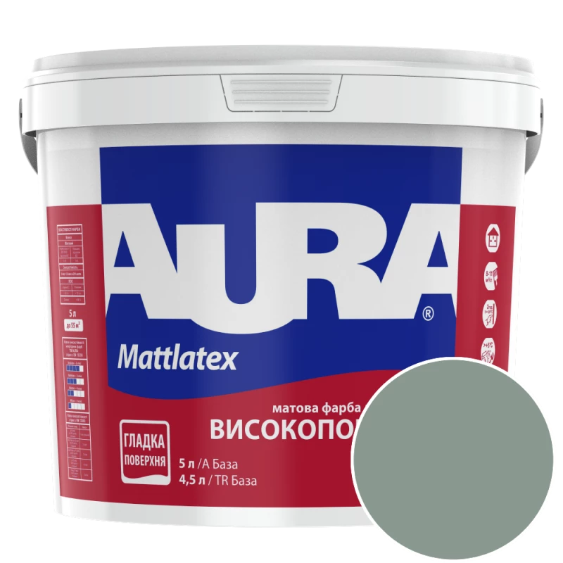 Фарба інтер'єрна миюча Aura Mattlatex NCS S 4010-B90G (приглушений зеленувато-сірий) матова 5 л
