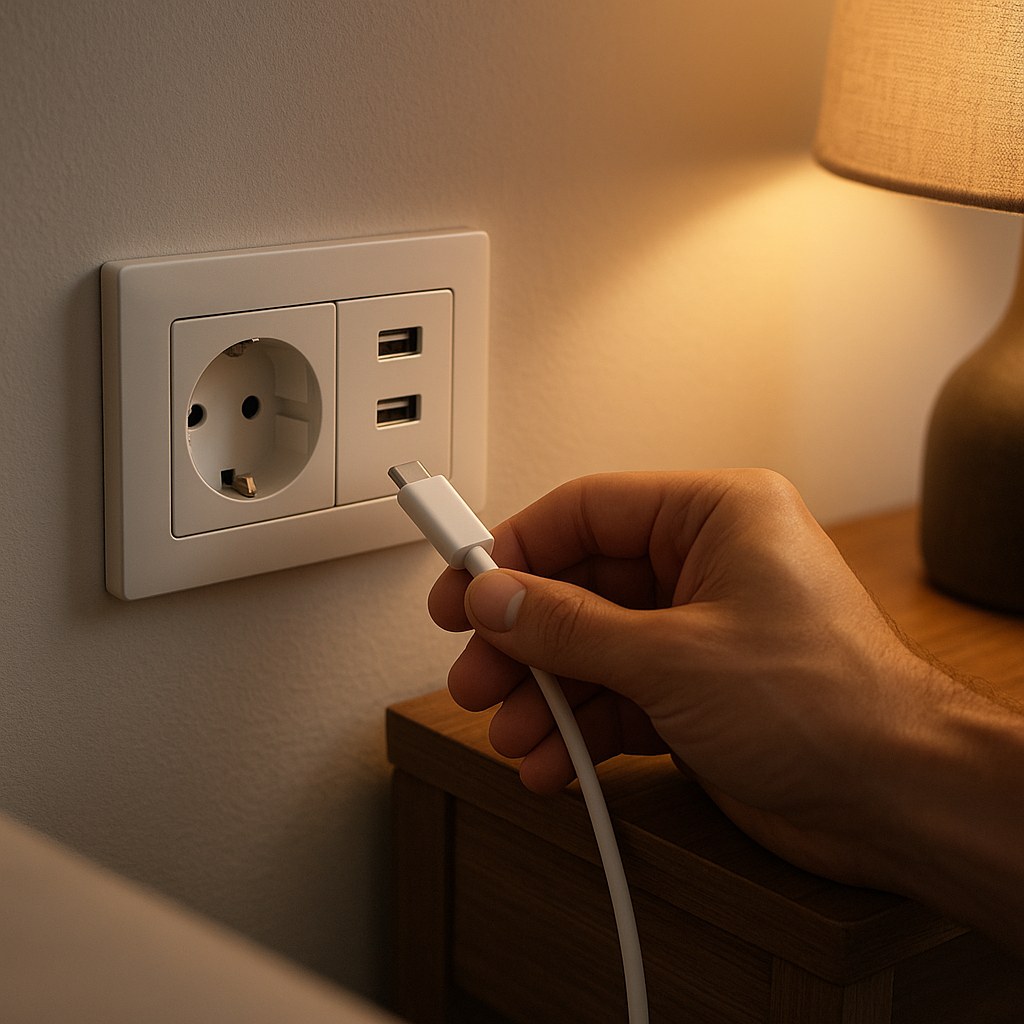 Подключение USB-кабеля к розетке у кровати